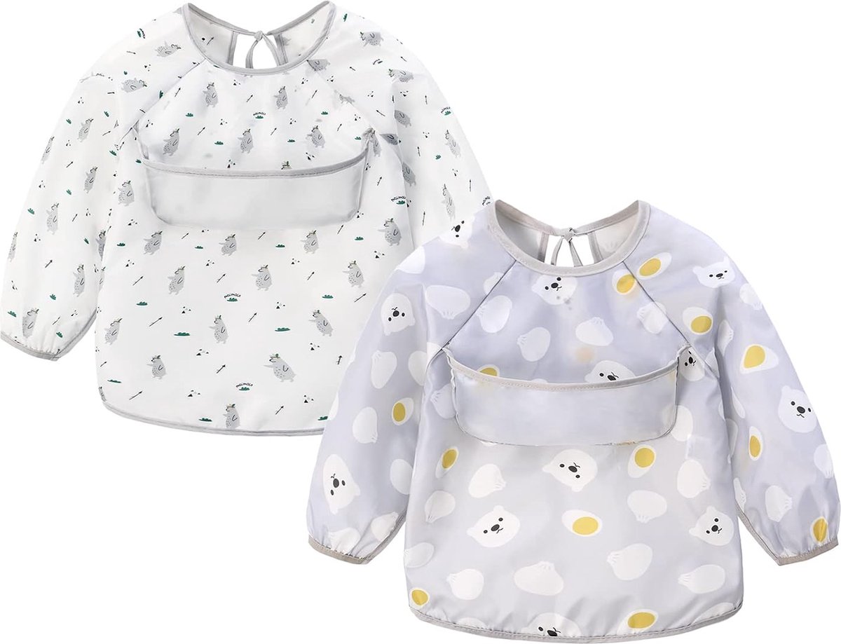 Image of 2 stuks slabbetjes voor baby's met lange mouwen, waterdicht, met opvangschaal, afwasbaar, zachte slabbetjes, lekvrije slabbetjes voor baby's, peuters, jongens meisjes (poolberen)