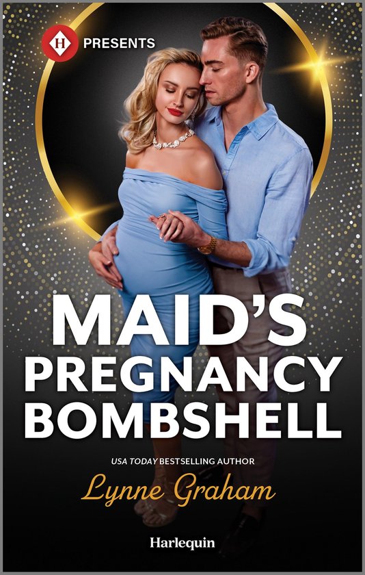 Vrouw in blauwe jurk met zwangere buik, omhelsd door man in blauw overhemd. Titel: MAID'S PREGNANCY BOMBSHELL.