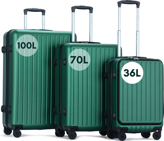 Drie donkergroene koffers van RYER in de maten 36L, 70L en 100L, met trolleyhendels.