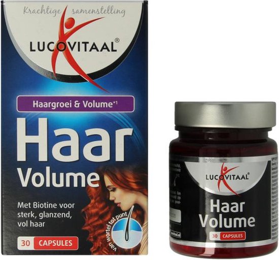 Lucovitaal Haar Volume doos en potje met rode vrouw met vol haar, 30 capsules.