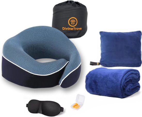 Oreiller cervical - Set d'oreillers de voyage de Luxe - Mousse à mémoire de forme - Avion et voiture - avec bouchons d'oreilles et masque de sommeil - avec kussen couverture et sac de rangement en un