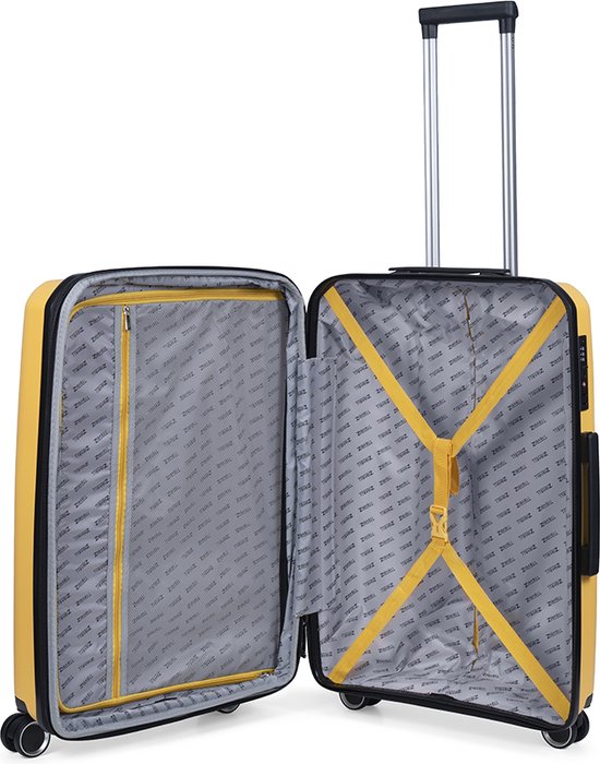 Open gele koffer met ritssluiting, TravelZ-voering en spanbanden.