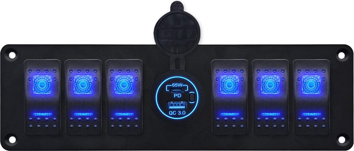ProRide Schakelpaneel 12V voor Auto/Boot - USB/USB C Stopcontact 2 Poorten met Schakelaar - 65W - QC3.0 - 6 schakelaars - Blauw