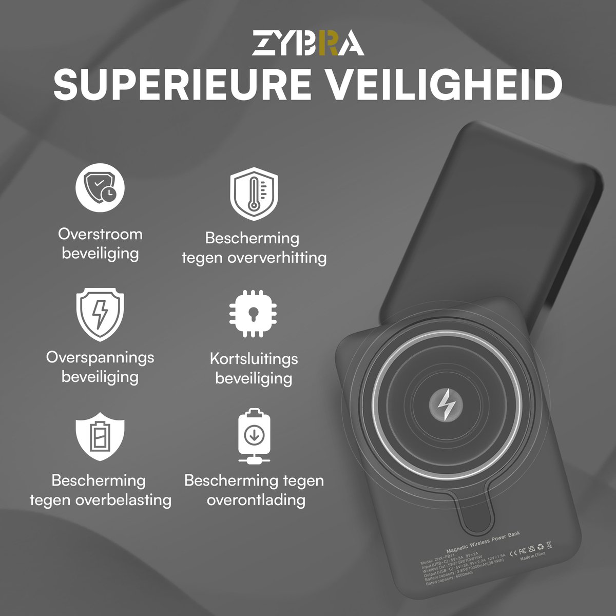 Zybra® Magsafe Powerbank 10000 mAh Draadloos Zwart - afbeelding 3