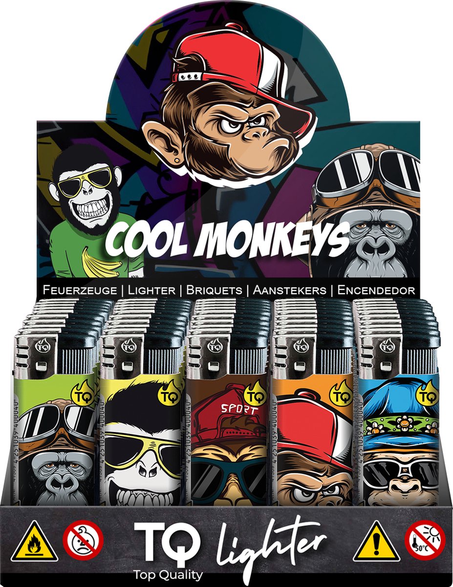 Goedkoopste Elektronische aansteker hervulbaar - Design Cool Monkeys - Display 50 stuks - wegwerpaansteker - electronic lighter - klik aanstekers