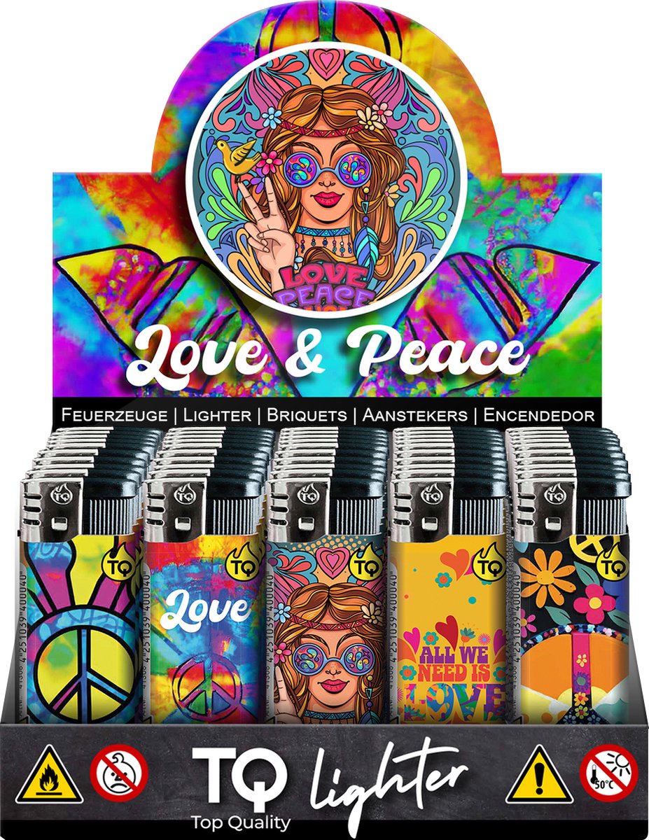 Goedkoopste Elektronische aansteker hervulbaar - Design Love & Peace - Display 50 stuks - wegwerpaansteker - electronic lighter - klik aanstekers