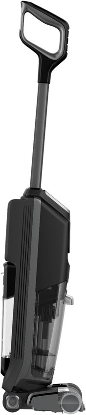 Zwarte BISSELL CrossWave stofzuiger met dweilfunctie, staand op zwarte achtergrond.