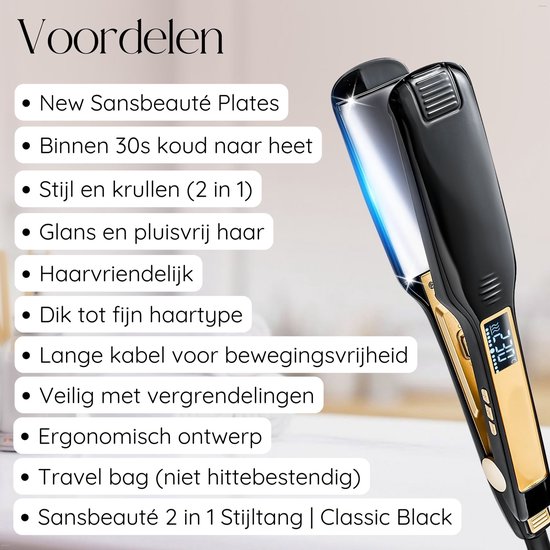 Avantages du fer à lisser 2 en 1 Sansbeauté (Classic Black), avec des détails dorés et un long câble.
