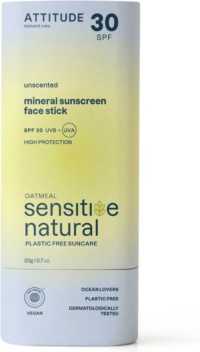 Attitude - Sensitive Face Stick Mineral Sunscreen SPF30 Oat Geurloos - 20gr.