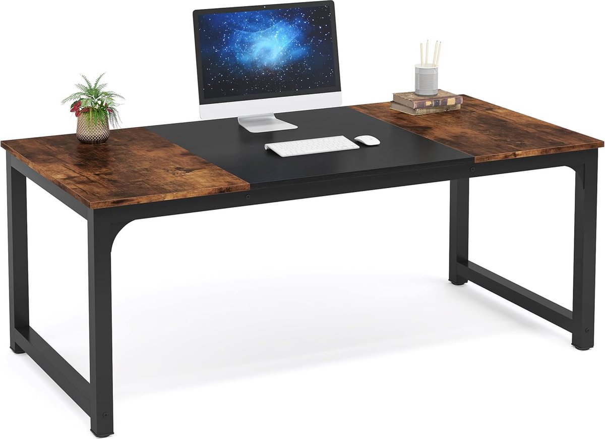 Tribesigns Computertafel - Bureau - Met Dikker Frame - Industrieel - Vintage - Bruin/Zwart - 160 x 80 x 75 cm