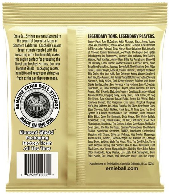 Verpakking van Ernie Ball akoestische gitaarsnaren met "Made in USA" en "Element Shield" logo's, en een lijst met artiesten.