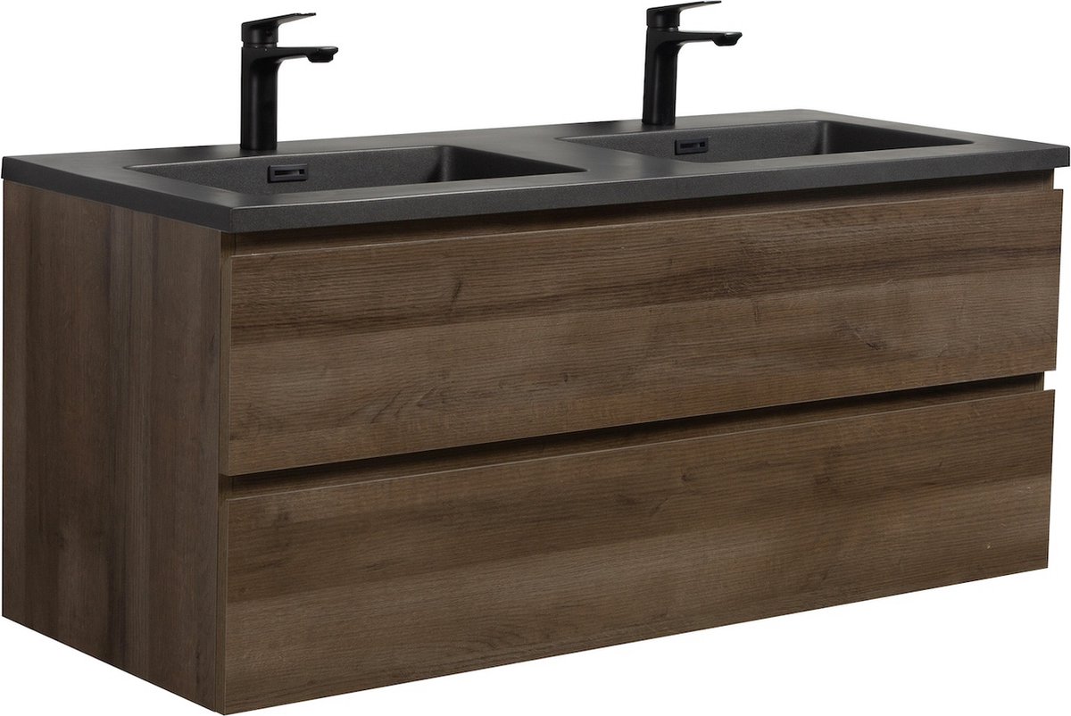 Badplaats Badkamermeubel Set Angela 120 cm – Bruin Eiken – Badmeubel met Zwarte Wastafel