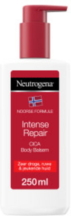 Neutrogena Intense Repair Cica bodybalsem (250ml) met rode pomp in witte fles voor zeer droge en jeukende huid.