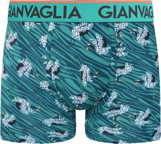 Boxershort met groene zebraprint en witte kraanvogels. Groene tailleband met oranje rand.