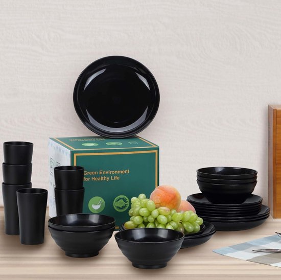 BEWOS 40 pakjes onbreekbaar plastic servies, campingservies voor 8 personen, onbreekbare borden, bekers, kommen en bestek, vaatwasmachine- en magnetronbestendig