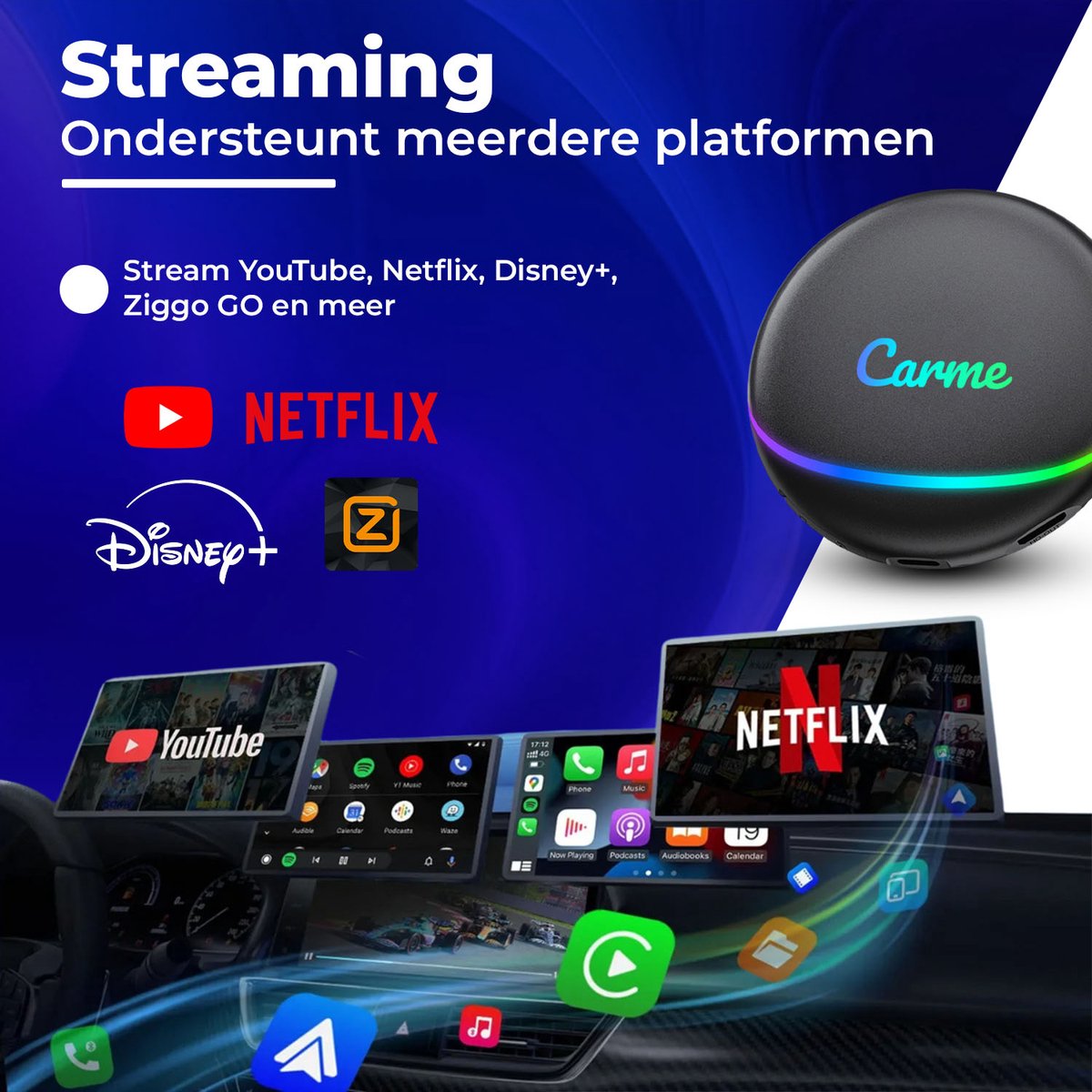 CarMe CarPlay AI Box - Draadloze Android Auto & CarPlay Adapter - YouTube, Netflix, Bluetooth, GPS, Snelle 8-core processor - Afbeelding 5