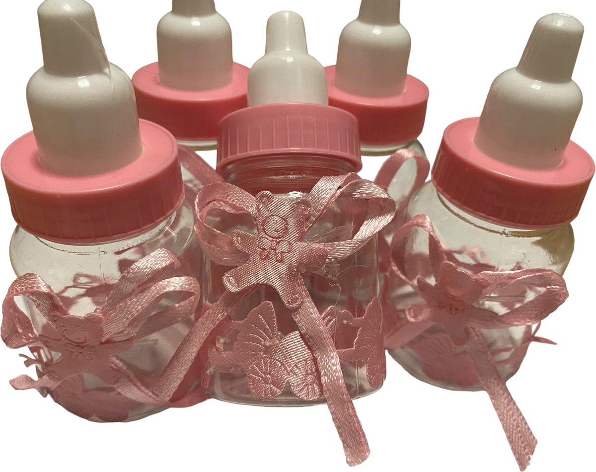 Babyflesjes - Roze met strik - Beertje - Babyshower - Geboorte - 5 stuks