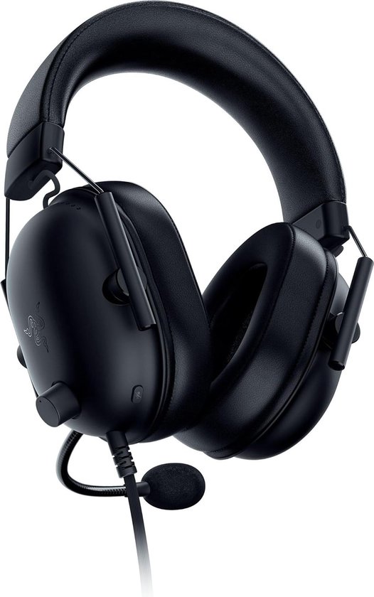 Zwarte Razer gaming headset met opklapbare microfoon, op een witte achtergrond.