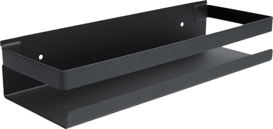 Een zwart, dubbellaags, ophangbaar keukenrek met rechte lijnen en een minimalistisch design.