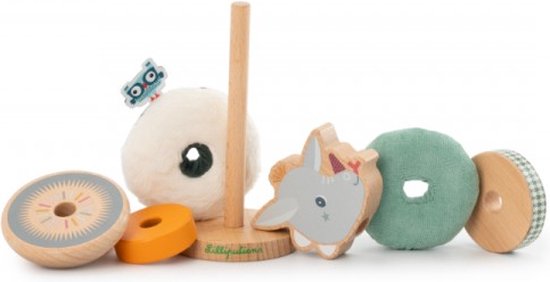 Gedemonteerde houten stapelpiramide met grijze giraffe kop, oranje, groene en houten ringen, en witte fluffy bal.