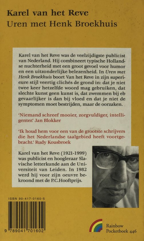 Boek kaft met tekst 'Karel van het Reve Uren met Henk Broekhuis' en biografie. Rechtsonder een regenbooglogo.