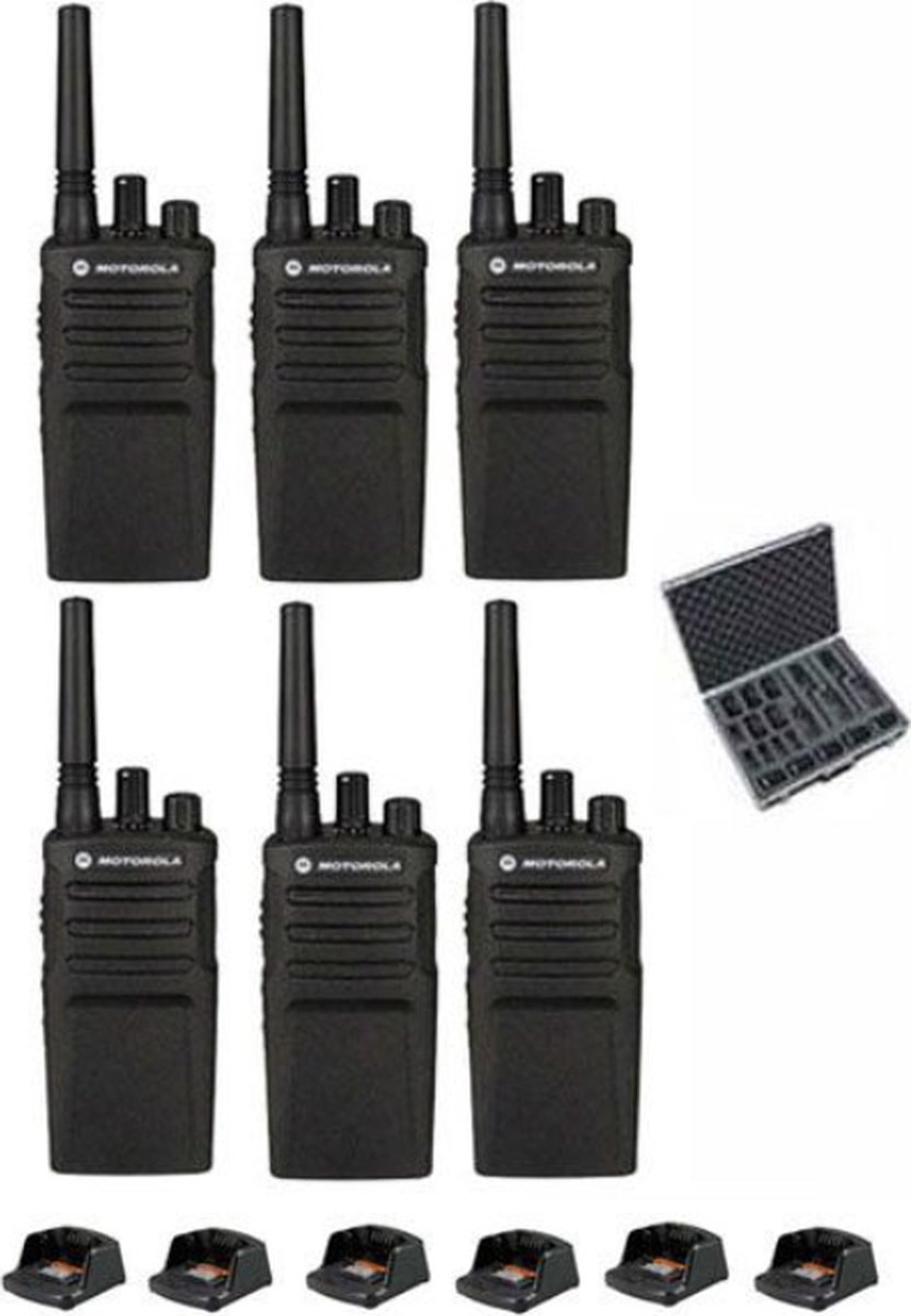 Set van 6 Motorola XT420 UHF IP55 PMR446 Portofoon met laders en koffer