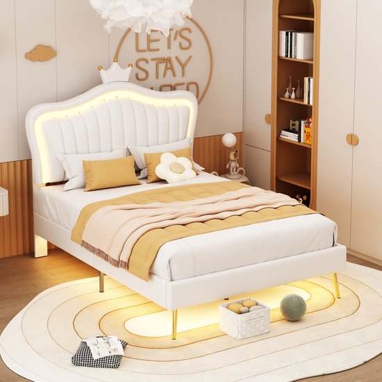 Foto: Kinderbed gestoffeerd bed 90 x 200 cm white crown eenpersoonsbed lattenframe pu leer bekleding rugleuning met led verlichting matras niet inbegrepen jongens meisjes eenpersoonsbed