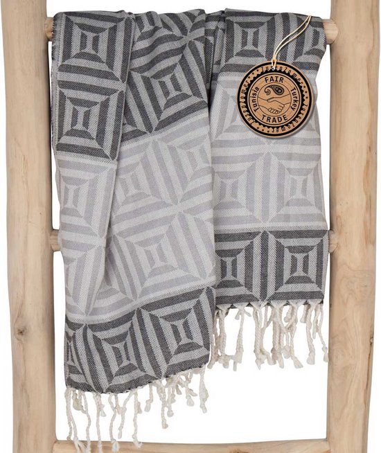 ZusenZomer Hamamdoek XL Square - grote zachte saunadoek strandlaken omslagdoek hammam handdoek - dames en heren - 100x200 cm - 100% hoogwaardig katoen - zwart grijs