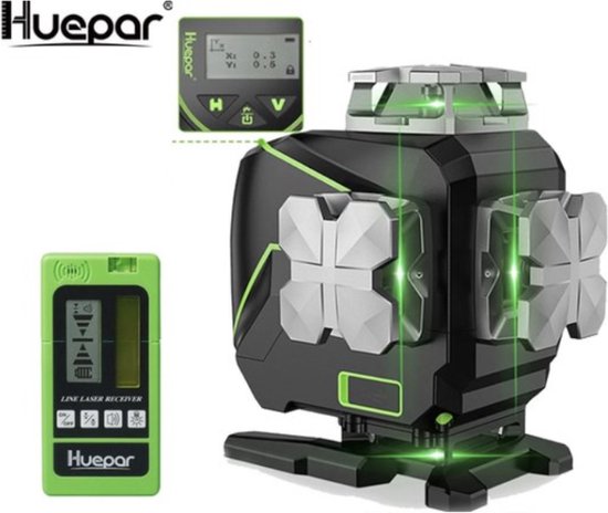 Foto: Huepar s04cg 5rg 4d groene beam professional zelfnivellerende kruislijnlaser 4 tot 16 lijnen groen 360 graden roterende laser inclusief batterij en oplader l 4m