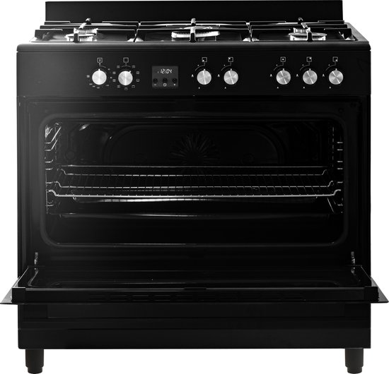 Everglades EVCK9020 - Gasfornuis - Mat Zwart - 90CM - 9 Ovenstanden - Gietijzeren Pannendragers - Wokbrander - Digitale Timer - 5 Jaar Garantie