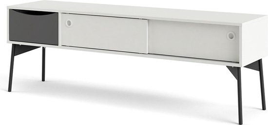 Meuble TV blanc avec tiroir gris, portes coulissantes blanches et pieds noirs.
