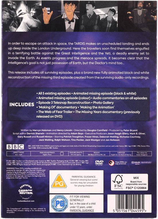 Achterkant van de Doctor Who: The Web of Fear Special Edition DVD. Bevat informatie over de inhoud, waarschuwingen en beoordelingen.