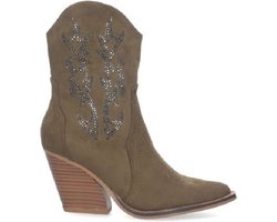 ZoeZo Design - laarzen - enkellaarzen - western laarzen - cowboylaarzen - suedine - leger groen - army green - maat 37 - subtiele antraciet blingbling - prachtige modieuze hak