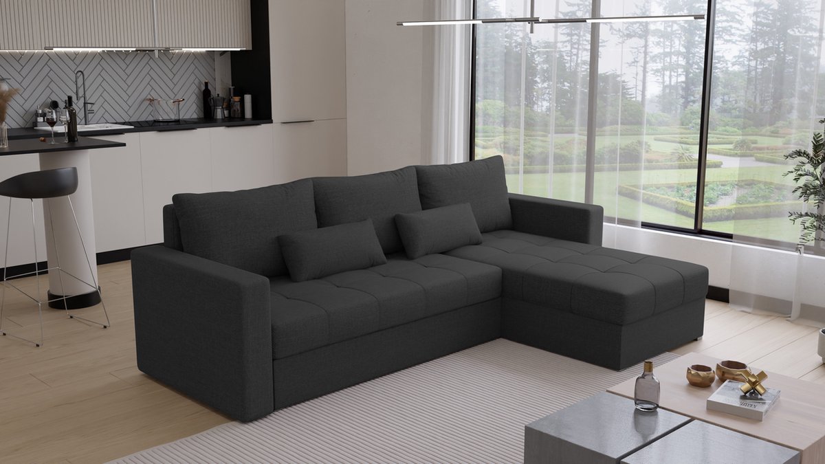 Hoekbank Kreta - Universeel - Stof - Zwart - Slaapbank met opbergruimte - Links of Rechts - Direct Leverbaar - Hoekzetel - Chaise longue - Zetel met slaapgedeelte - 3 zits - Zitcomfort stevig