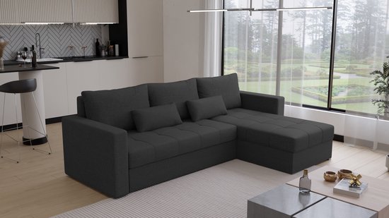 Hoekbank Kreta - Universeel - Stof - Zwart - Slaapbank met opbergruimte - Links of Rechts - Direct Leverbaar - Hoekzetel - Chaise longue - Zetel met slaapgedeelte - 3 zits - Zitcomfort stevig