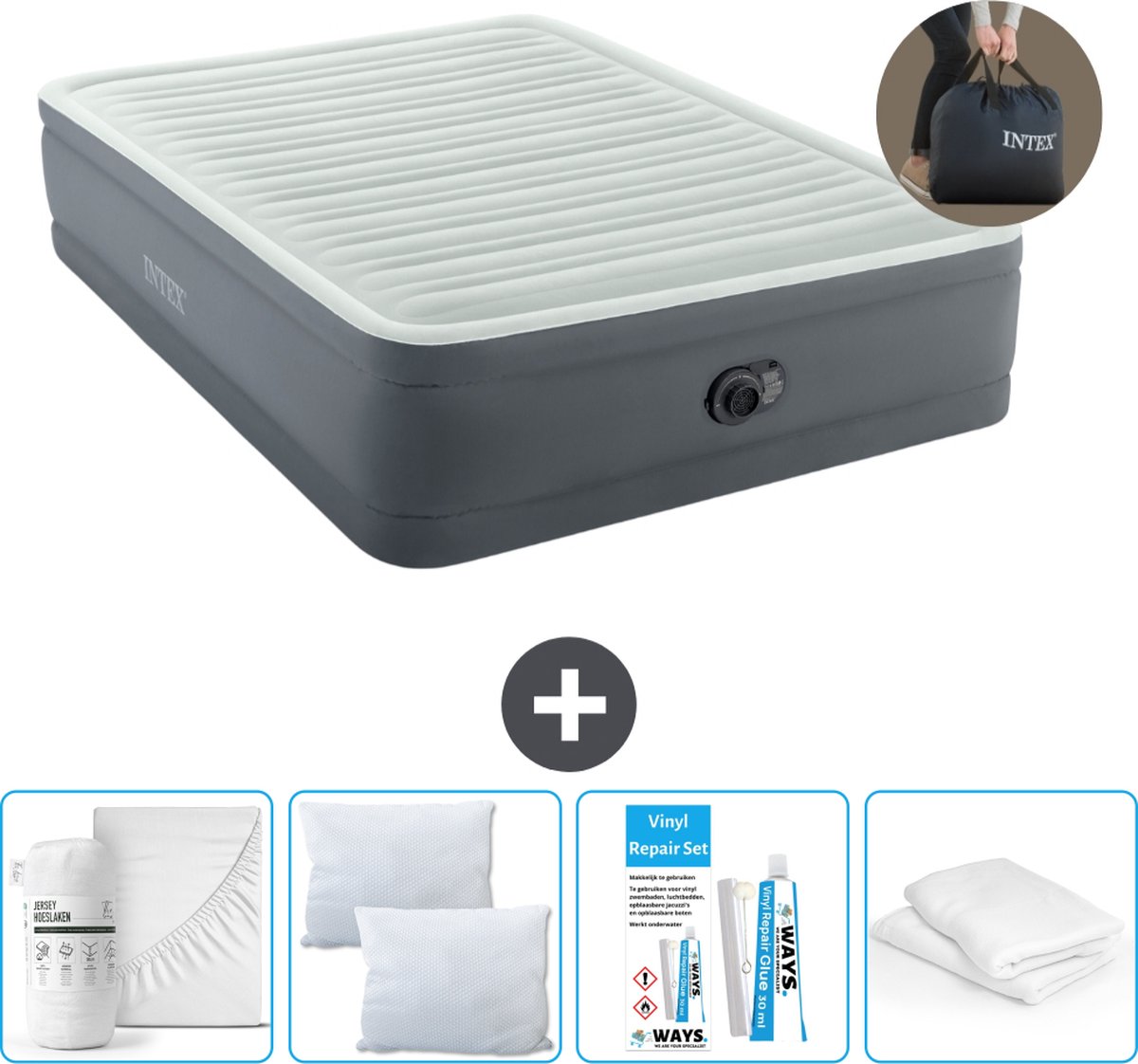 Intex Luchtbed - 2-Persoons - 152 x 203 x 46 cm - Grijs - Met pomp Hoeslaken Wit Kussen Molton 2 in 1 Kussenslopen en Reparatieset