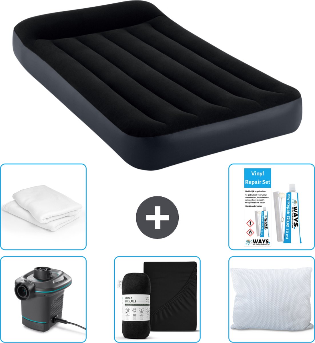 Intex Luchtbedset Intex Luchtbed - 1-Persoons - 99 x 191 x 25 cm - Zwart + Intex Elektrische Pomp - 650 Liter/min + Hoeslaken Zwart + Kussen + Molton 2 in 1 Kussenslopen + Reparatieset