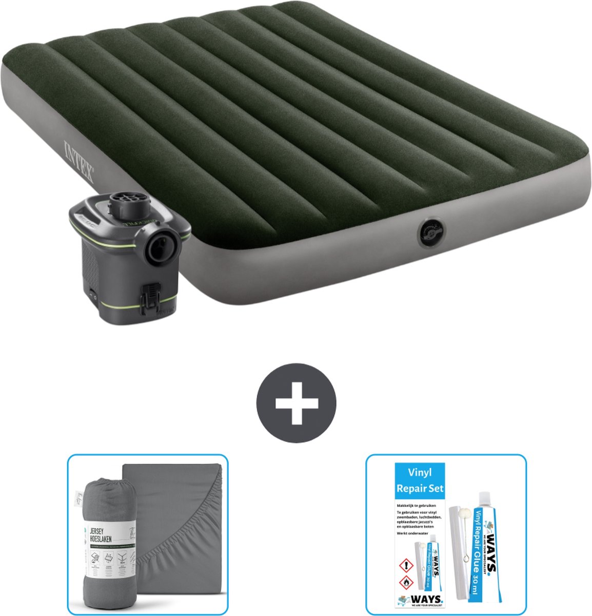 Intex Luchtbed - Twijfelaar - 137 x 191 x 25 cm - Groen - Met pomp + Hoeslaken Antraciet + Reparatieset