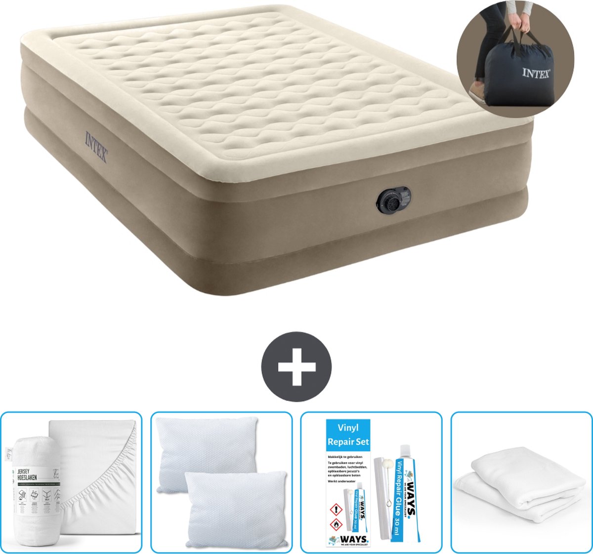 Intex Luchtbedset - 2-Persoons - 152 x 203 x 46 cm - Beige - Met Ingebouwde pomp + Hoeslaken Wit + Kussen + Molton 2 in 1 Kussenslopen + Reparatieset
