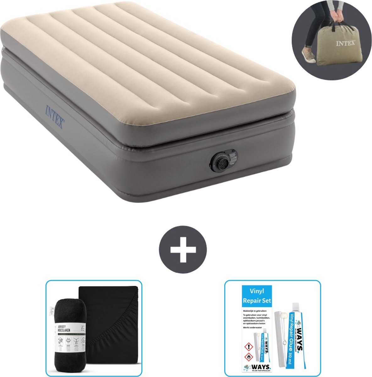 Intex Luchtbed - 1-Persoons - 99 x 191 x 51 cm - Grijs - Met ingebouwde pomp Hoeslaken Zwart en Reparatieset