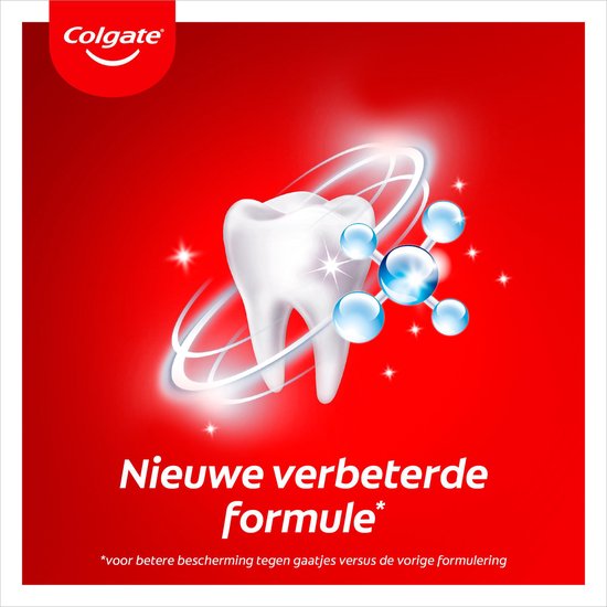 Witte tand met glinsterende deeltjes en "Nieuwe verbeterde formule" tekst.