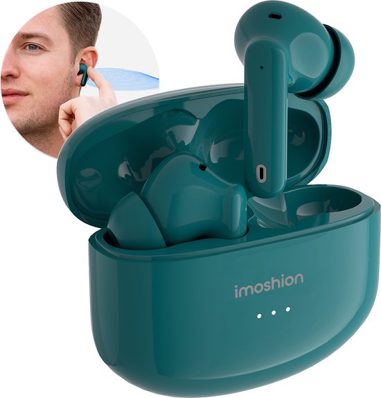 Foto: Imoshion aura pro earbuds draadloze oordopjes met active noise cancelling anc wireless bluetooth earphones oortjes petrol green