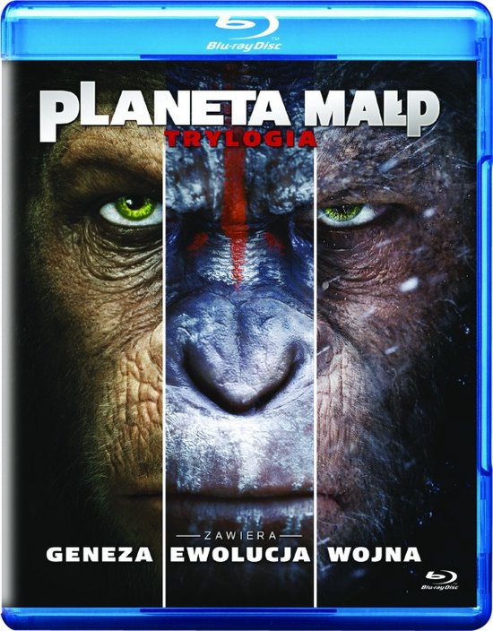 Blu-ray hoes met de titel "Planeta Malp Trylogia". Drie close-ups van apengezichten, met de tekst "Geneza Ewolucja Wojna".