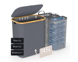 Dymac Wasmand 145 Liter - 3 Compartimenten - Bamboe Wassorteerder - Met 3 uitneembare waszakken - Wasmand 3 vakken - Wasmanden - Wasmand met deksel - Grijs