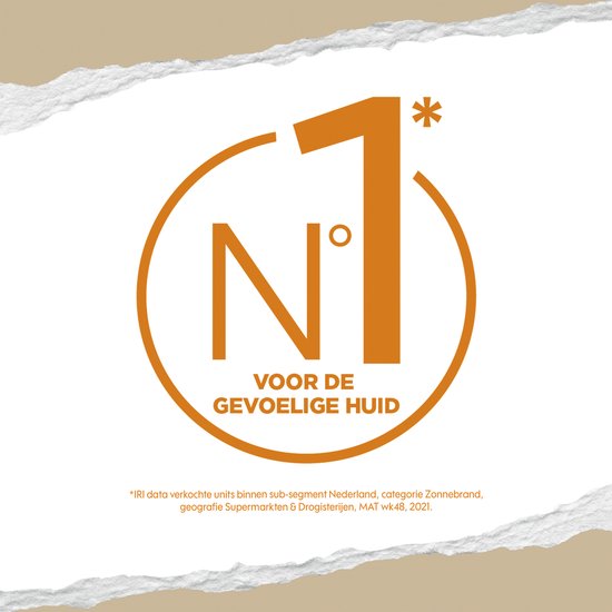 Oranje cirkel met nummer '1' en tekst 'VOOR DE GEVOELIGE HUID' en details over IRI-gegevens.