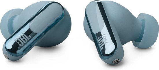 Twee blauwe JBL Live Beam 3 oordopjes met glanzend blauw detail en JBL logo.