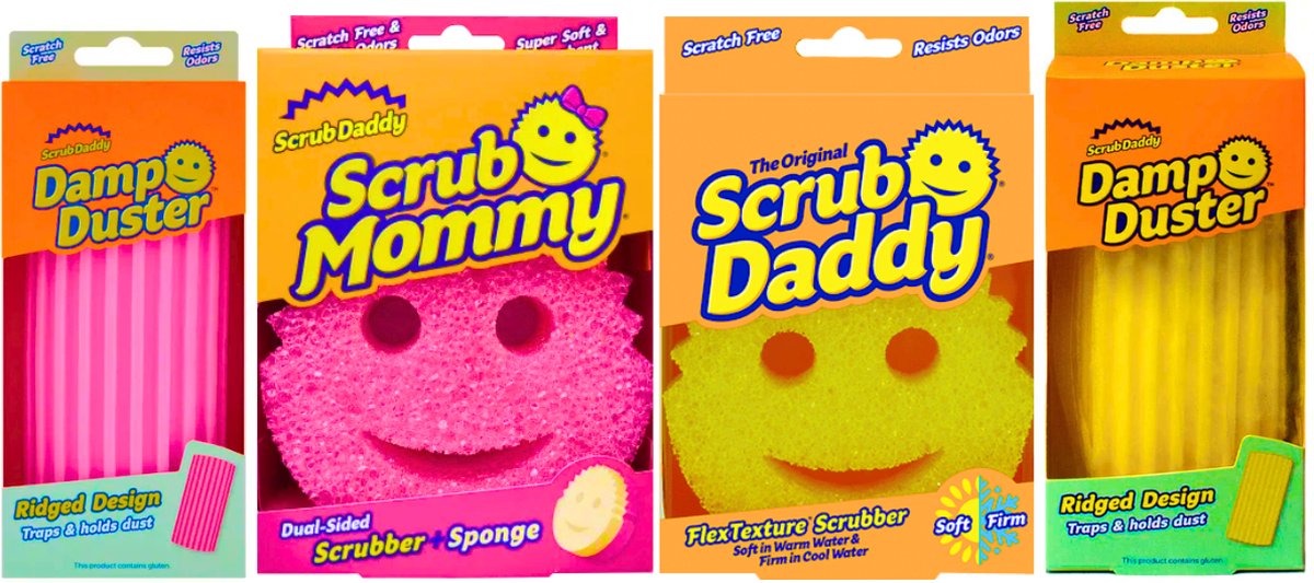Goedkoopste Scrub Daddy & Roze Mommy Spons & Damp Duster Schoonmaakset - 4 Stuks - Schoonmaaktrio voor Stralend Schoon - Wonderspons