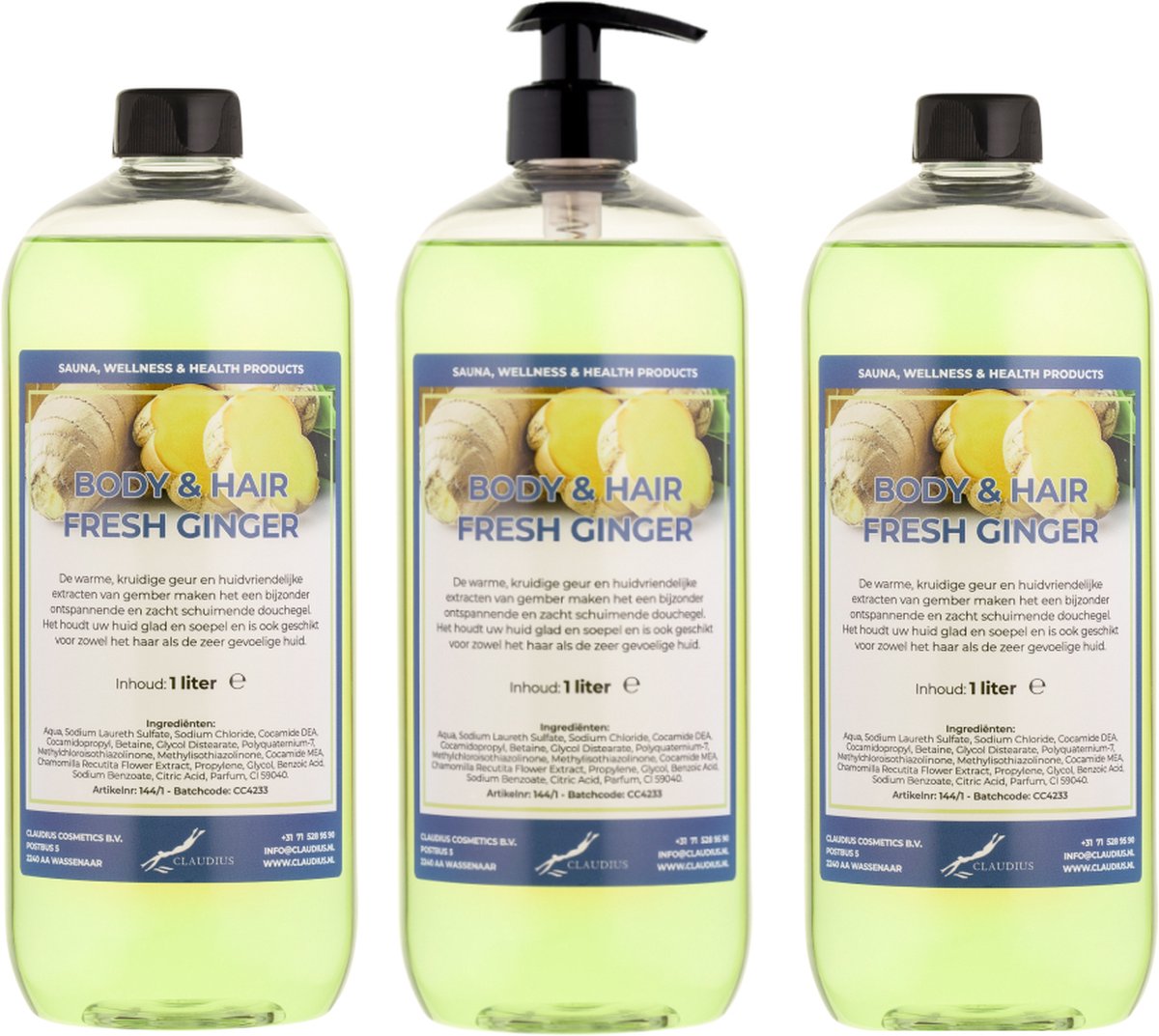 Goedkoopste Body & Hair Fresh Ginger 1 liter - set van 3 stuks - met gratis pomp - 2 in 1 voor lichaam en haar.