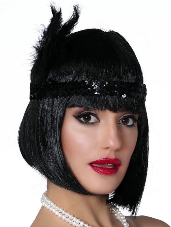 Charleston Flapper Hoofdband - 2x - met veer en glitters - zwart - Dames - jaren 20/Twenties thema