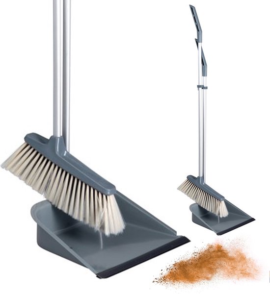 Foto: Abena stoffer en blik met lange steel 80 cm metalen stoffer en blik op steel inclusief ophangsysteem ergonomisch grijs
